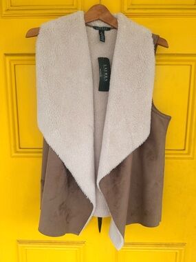 Ralph Lauren Cream & Brown Faux-Shearling Draped Vest